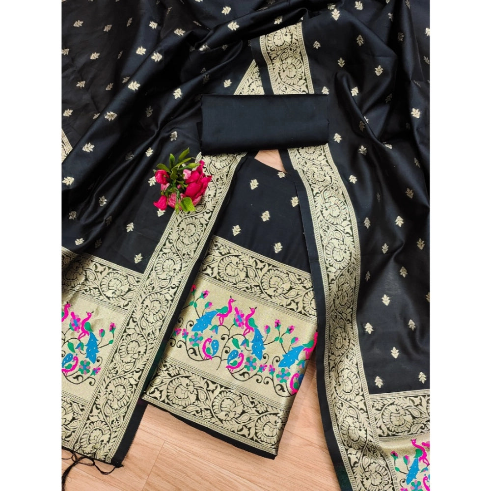 Banarasi Silk Printed Unstitched Salwar Suit Material With Dupatta (Black, 3Mtrs)