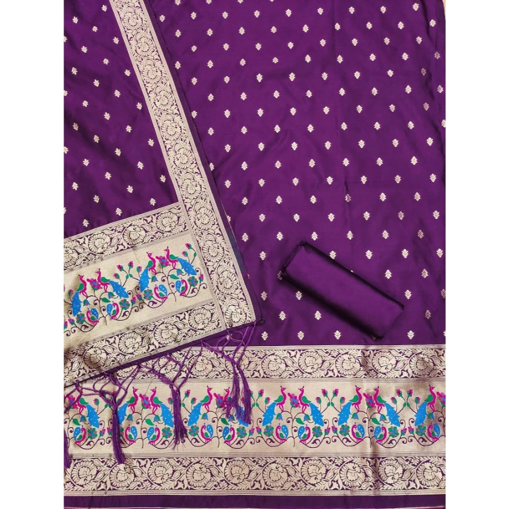 Banarasi Silk Printed Unstitched Salwar Suit Material With Dupatta (Purple, 3Mtrs)