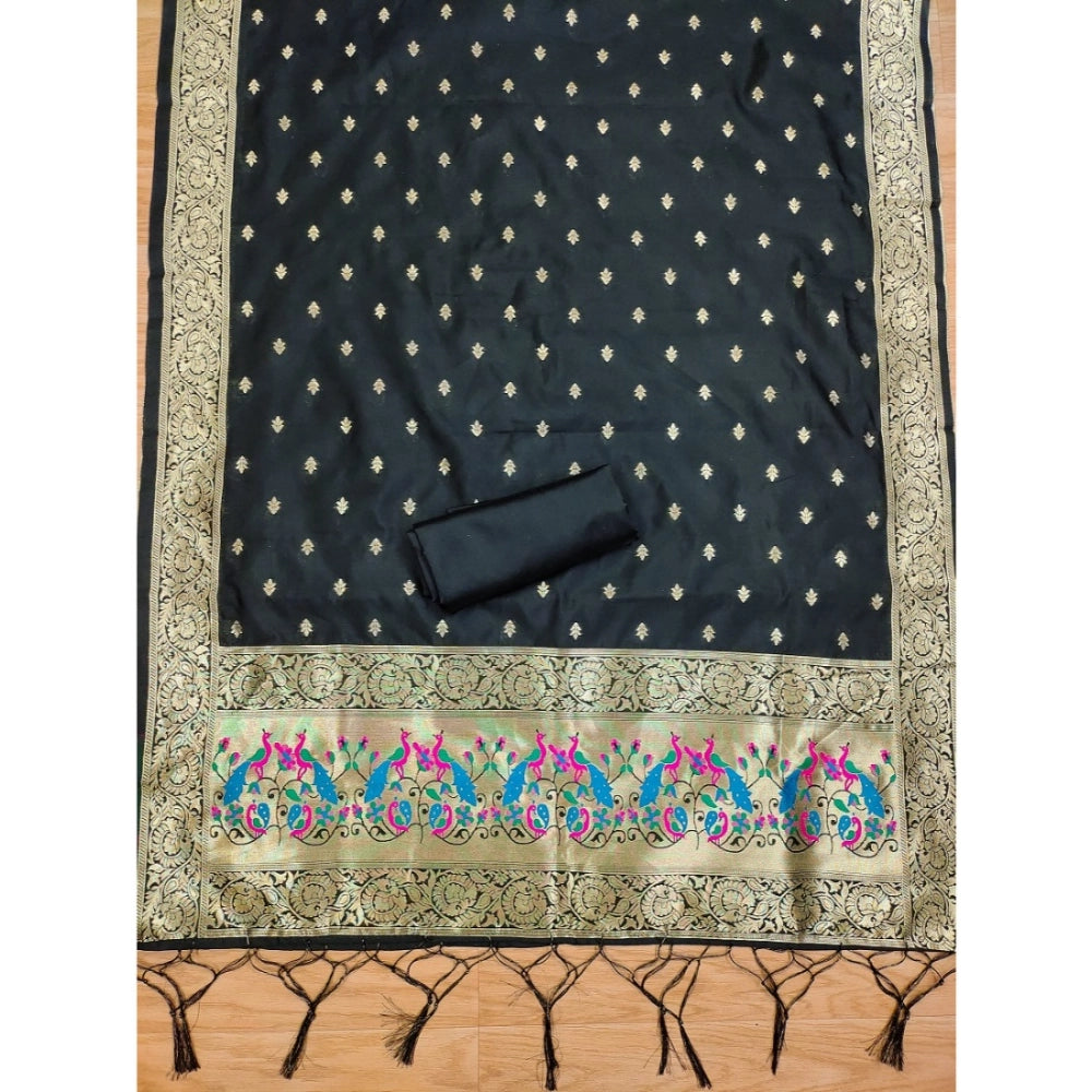 Banarasi Silk Printed Unstitched Salwar Suit Material With Dupatta (Black, 3Mtrs)