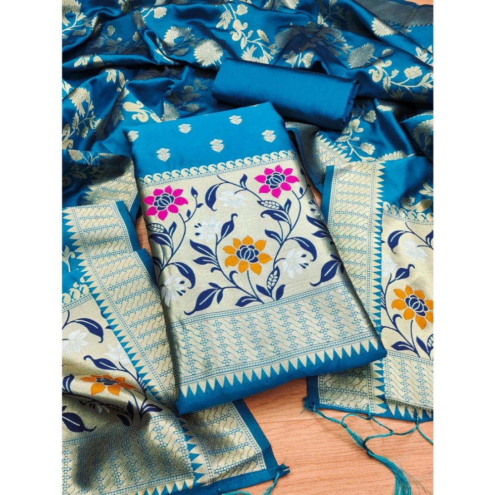 Banarasi Silk Printed Unstitched Salwar Suit Material With Dupatta (Blue, 3Mtrs)