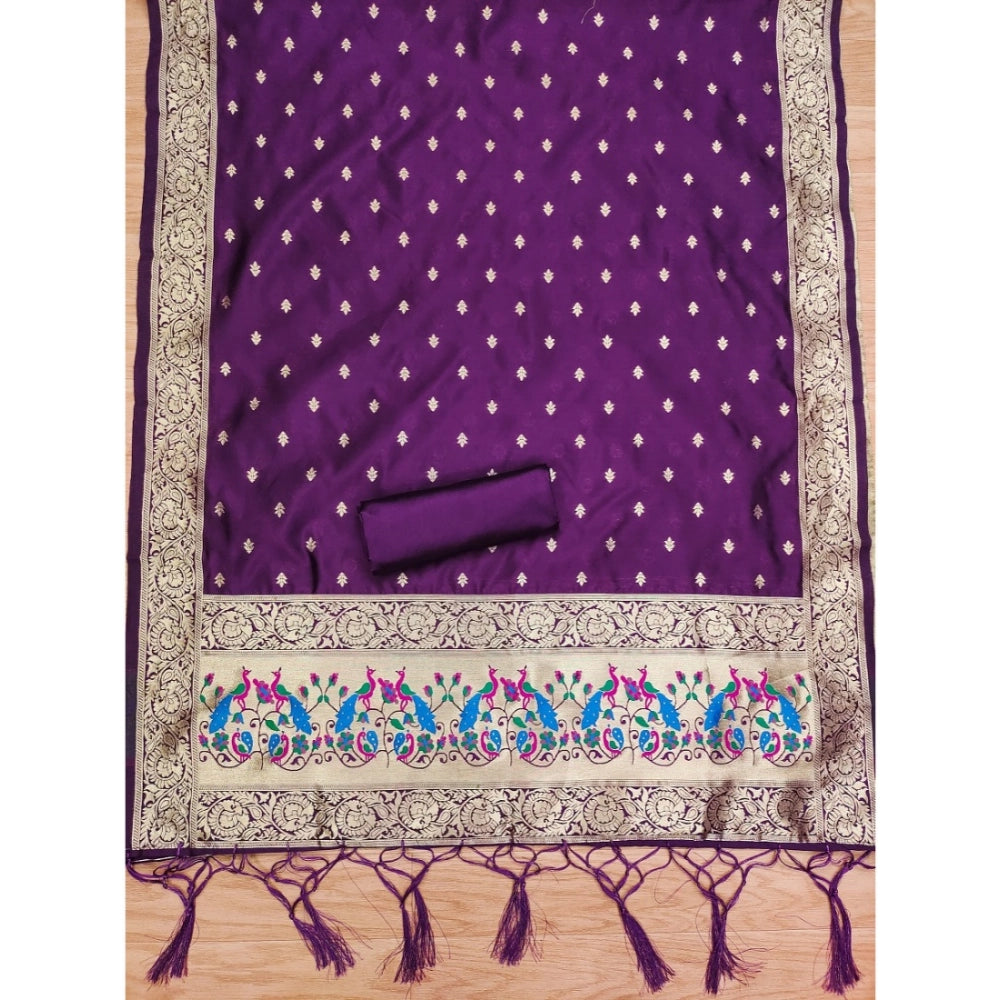 Banarasi Silk Printed Unstitched Salwar Suit Material With Dupatta (Purple, 3Mtrs)