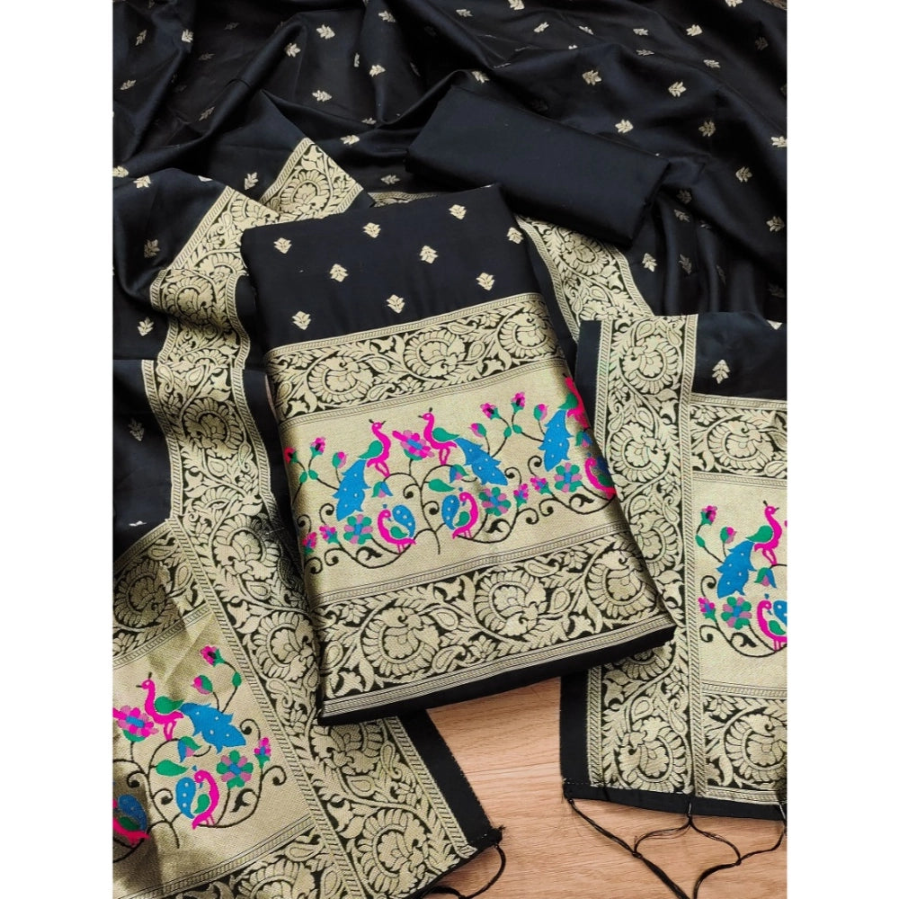 Banarasi Silk Printed Unstitched Salwar Suit Material With Dupatta (Black, 3Mtrs)
