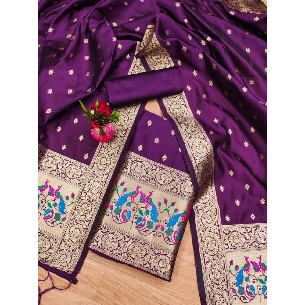 Banarasi Silk Printed Unstitched Salwar Suit Material With Dupatta (Purple, 3Mtrs)