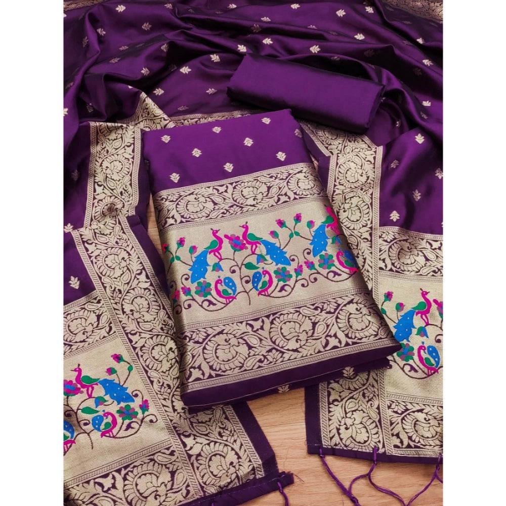 Banarasi Silk Printed Unstitched Salwar Suit Material With Dupatta (Purple, 3Mtrs)