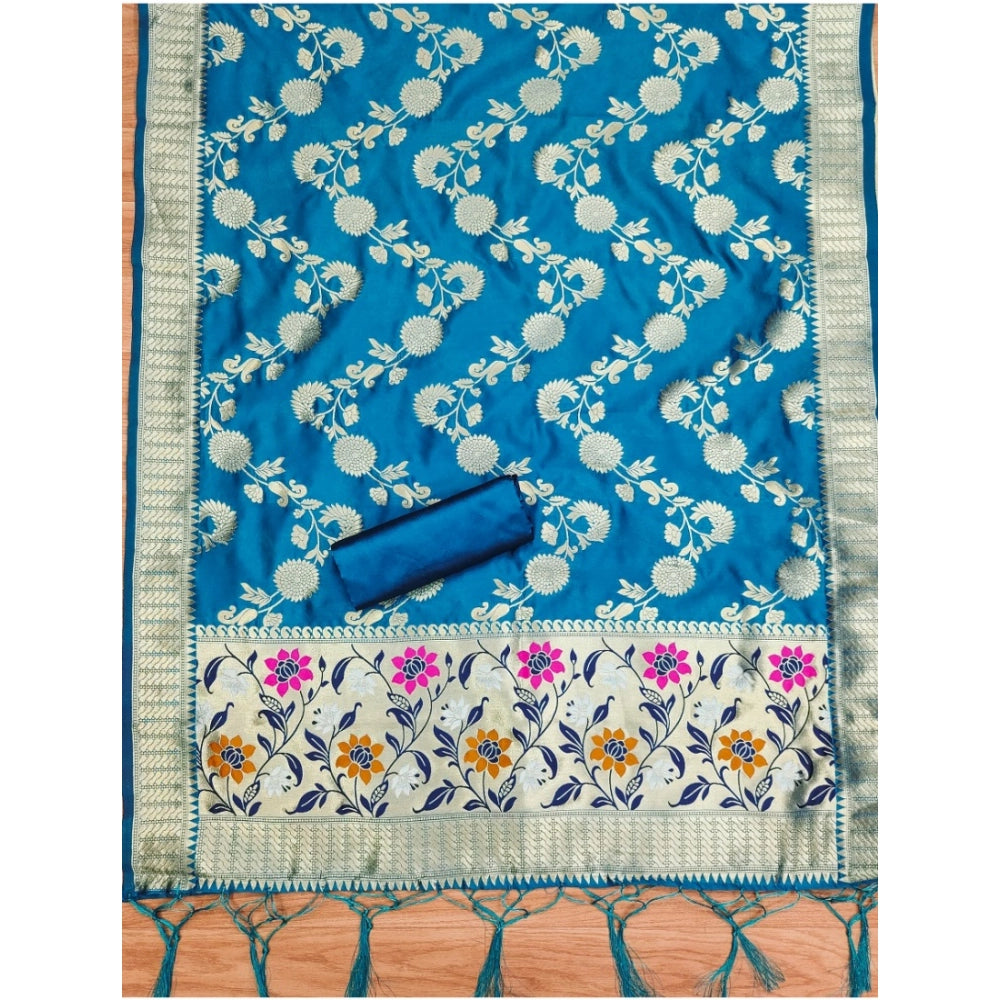 Banarasi Silk Printed Unstitched Salwar Suit Material With Dupatta (Blue, 3Mtrs)