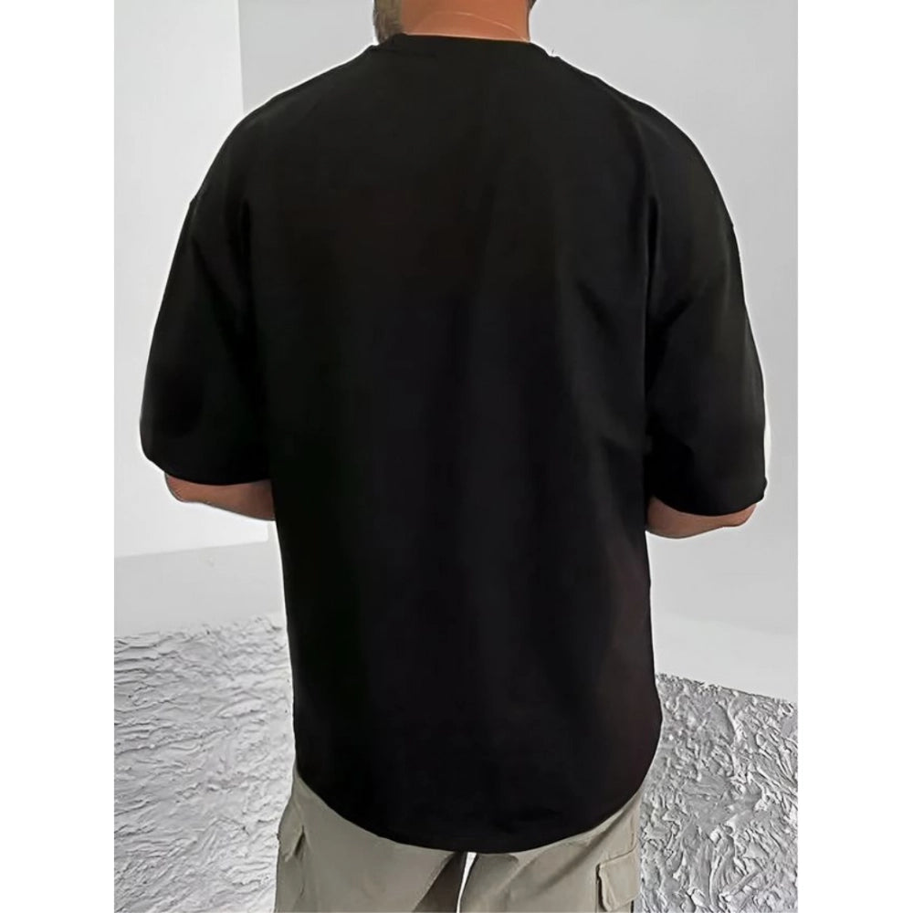 Men's Casual Cotton Blend Printed Round Neck Half Sleeve T-Shirt (Black)