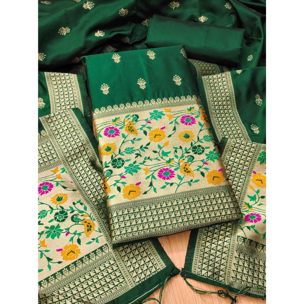 Banarasi Silk Printed Unstitched Salwar Suit Material With Dupatta (Bottle Green, 3Mtrs)