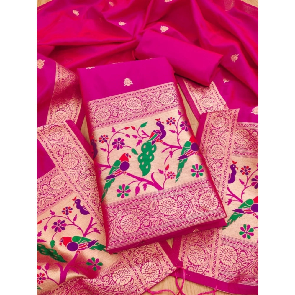 Banarasi Silk Printed Unstitched Salwar Suit Material With Dupatta (Pink, 3Mtrs)