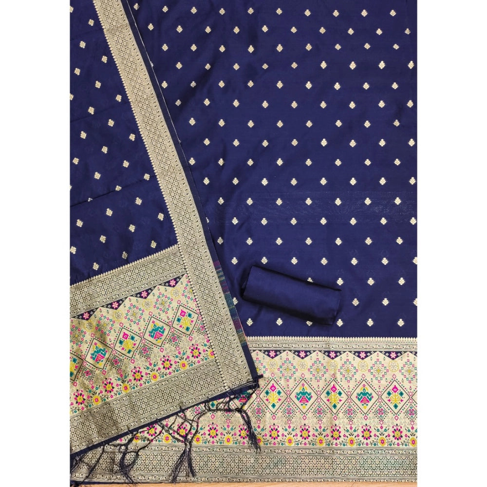 Banarasi Silk Printed Unstitched Salwar Suit Material With Dupatta (Navy Blue, 3Mtrs)