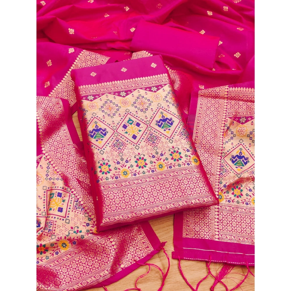 Banarasi Silk Printed Unstitched Salwar Suit Material With Dupatta (Pink, 3Mtrs)