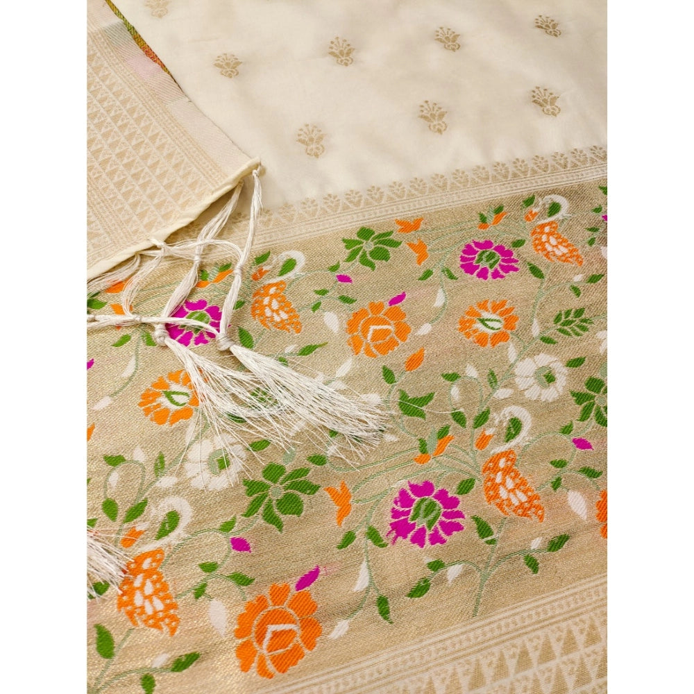 Banarasi Silk Printed Unstitched Salwar Suit Material With Dupatta (White, 3Mtrs)