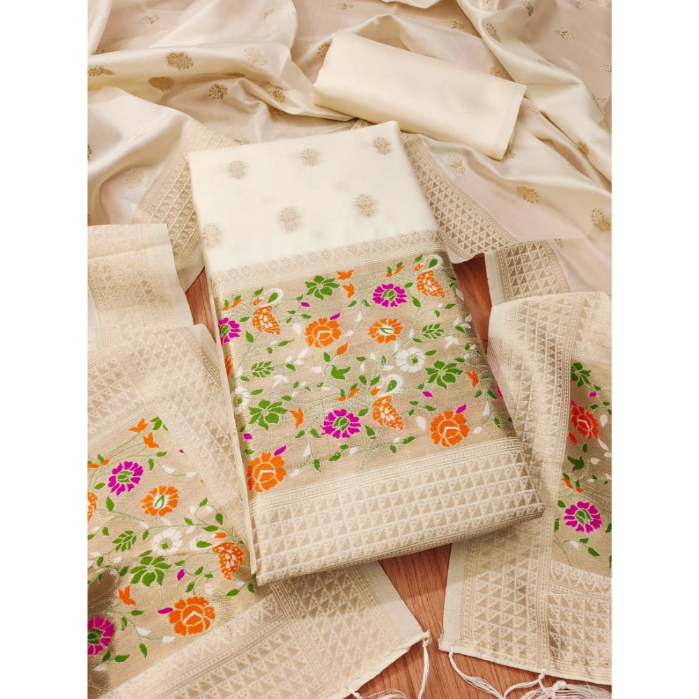 Banarasi Silk Printed Unstitched Salwar Suit Material With Dupatta (White, 3Mtrs)
