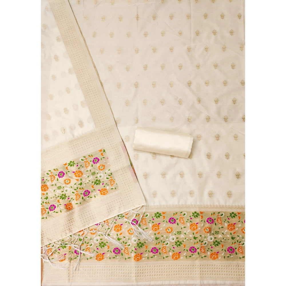 Banarasi Silk Printed Unstitched Salwar Suit Material With Dupatta (White, 3Mtrs)