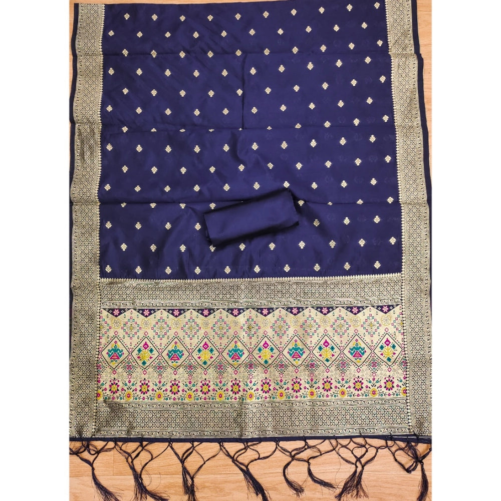 Banarasi Silk Printed Unstitched Salwar Suit Material With Dupatta (Navy Blue, 3Mtrs)