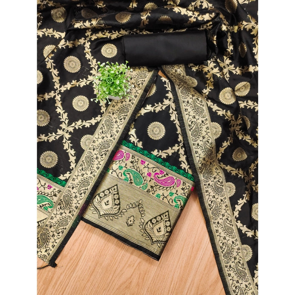 Banarasi Silk Printed Unstitched Salwar Suit Material With Dupatta (Black, 3Mtrs)
