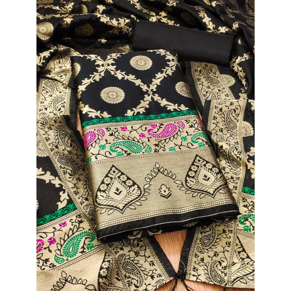 Banarasi Silk Printed Unstitched Salwar Suit Material With Dupatta (Black, 3Mtrs)