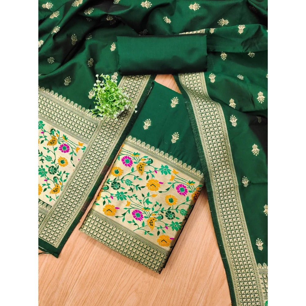 Banarasi Silk Printed Unstitched Salwar Suit Material With Dupatta (Bottle Green, 3Mtrs)