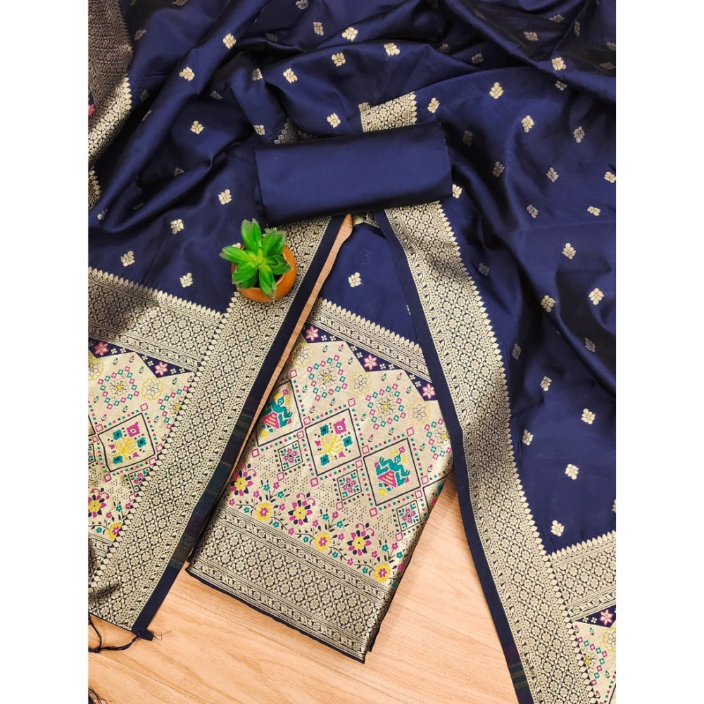 Banarasi Silk Printed Unstitched Salwar Suit Material With Dupatta (Navy Blue, 3Mtrs)