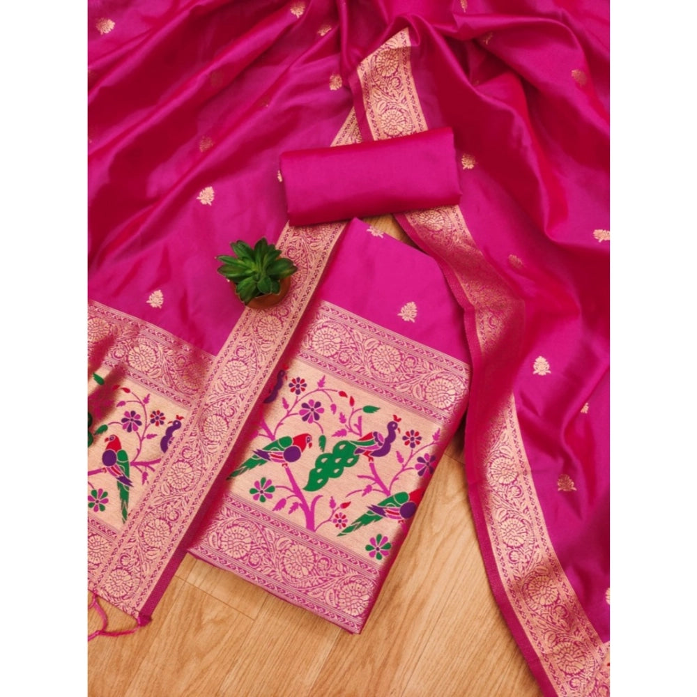 Banarasi Silk Printed Unstitched Salwar Suit Material With Dupatta (Pink, 3Mtrs)
