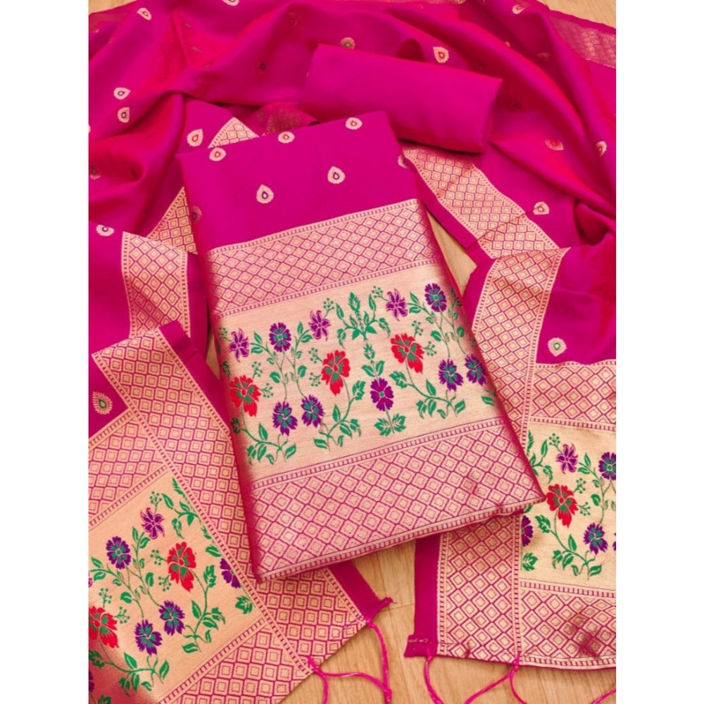Banarasi Silk Printed Unstitched Salwar Suit Material With Dupatta (Pink, 3Mtrs)