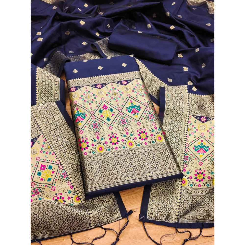 Banarasi Silk Printed Unstitched Salwar Suit Material With Dupatta (Navy Blue, 3Mtrs)