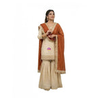 Silk Embroidered 3/4th Sleeve V-Neck Kurti With Sharara Pant and Dupatta Set (Cream &amp; Orange)