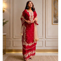 Silk Embroidered 3/4th Sleeve Round Readymade Kurti With Palazzo Pant and Dupatta Set (Red)