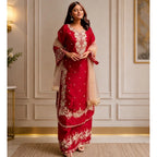 Silk Embroidered 3/4th Sleeve Round Readymade Kurti With Palazzo Pant and Dupatta Set (Red)