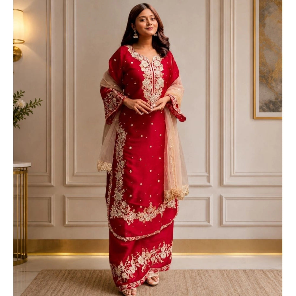 Silk Embroidered 3/4th Sleeve Round Readymade Kurti With Palazzo Pant and Dupatta Set (Red)