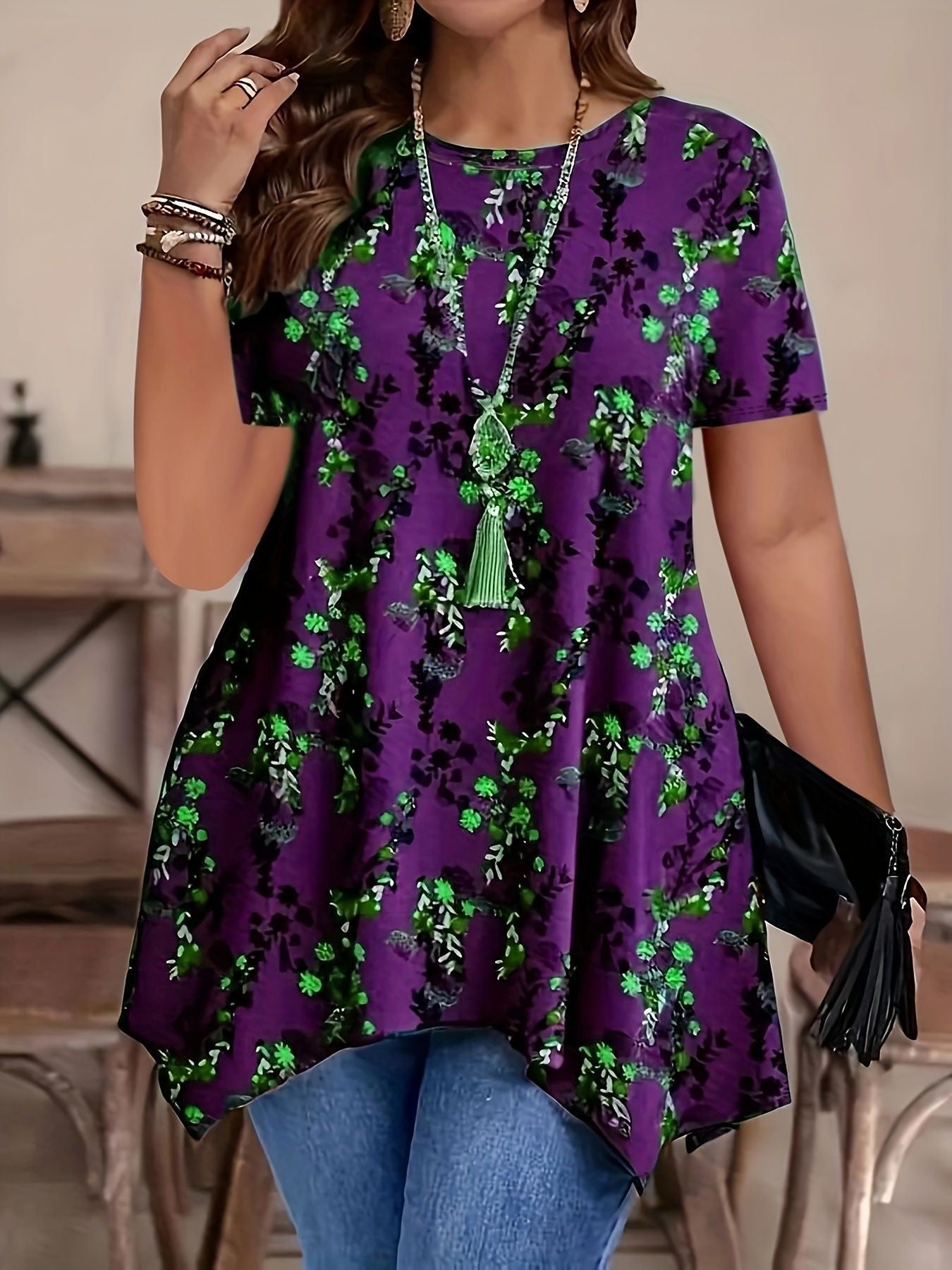 2026 European And American Cross-border Foreign Trade Amazon Women's Floral Print Casual Comfortable Round-neck T-shirt