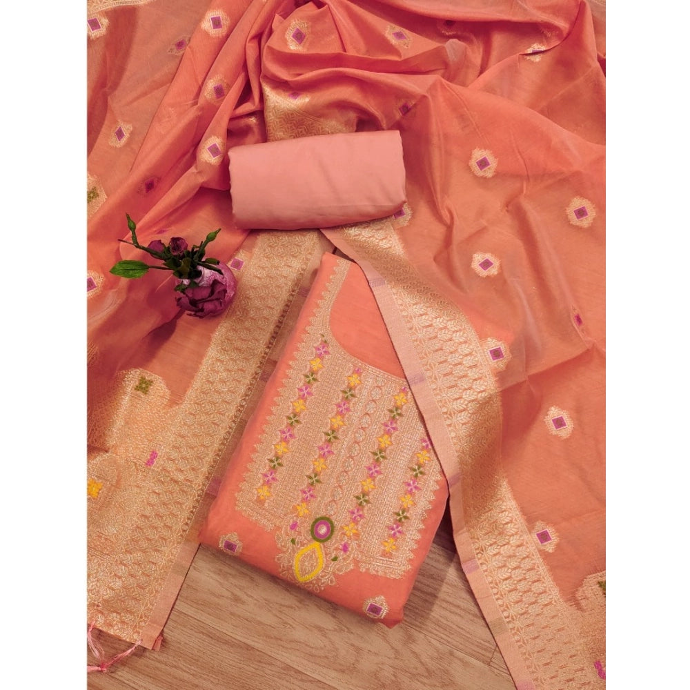 Banarasi Silk Printed Unstitched Salwar Suit Material With Dupatta (Peach, 3Mtrs)