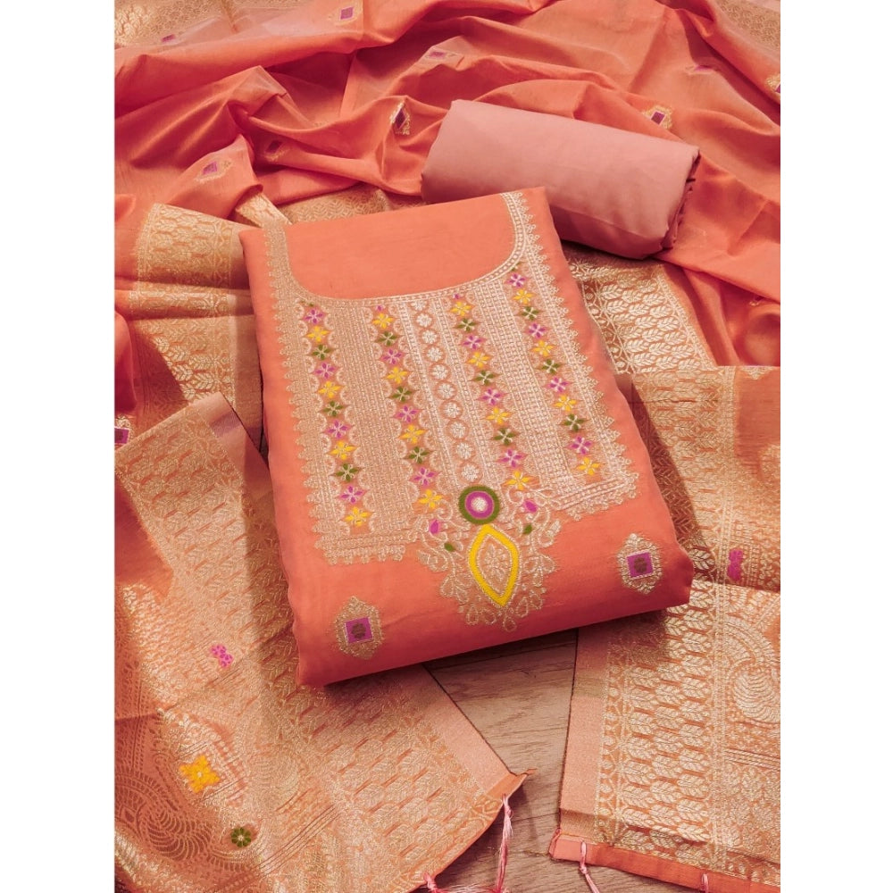 Banarasi Silk Printed Unstitched Salwar Suit Material With Dupatta (Peach, 3Mtrs)