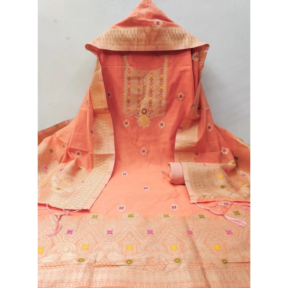 Banarasi Silk Printed Unstitched Salwar Suit Material With Dupatta (Peach, 3Mtrs)