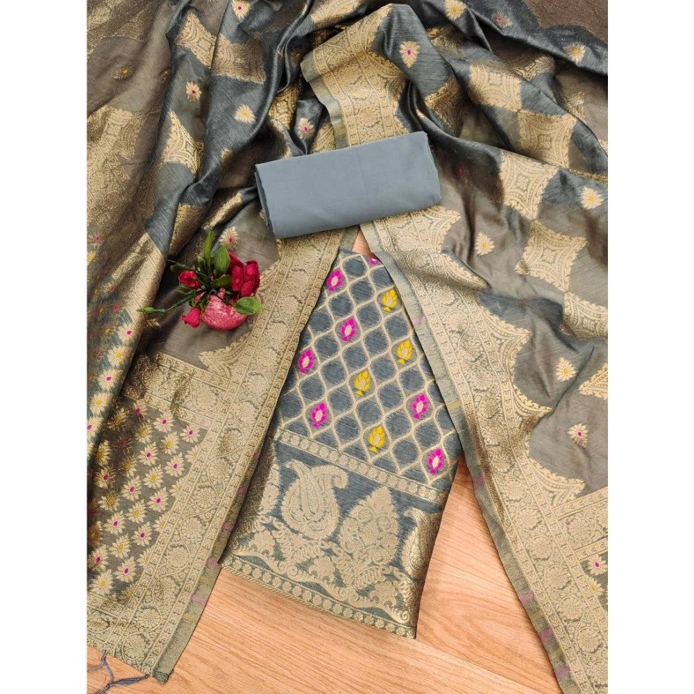 Banarasi Silk Printed Unstitched Salwar Suit Material With Dupatta (Grey, 3Mtrs)