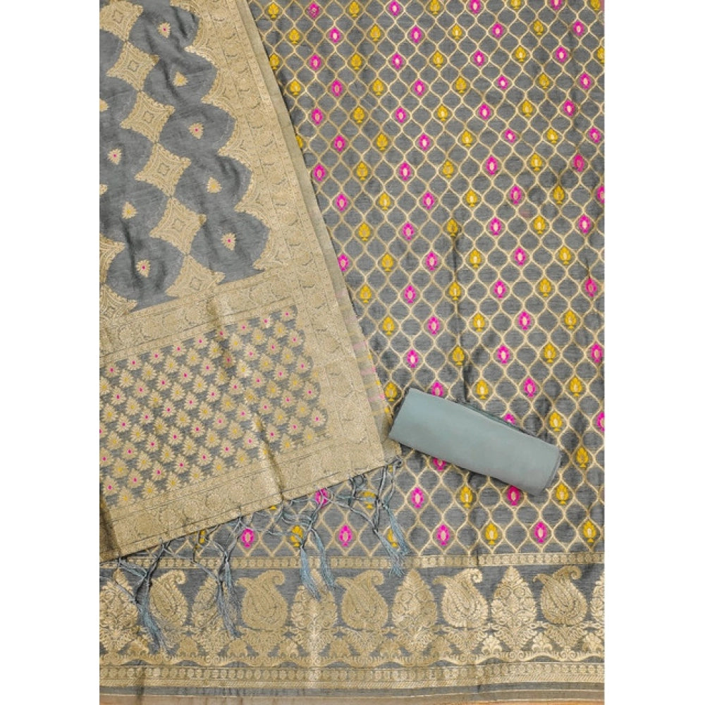 Banarasi Silk Printed Unstitched Salwar Suit Material With Dupatta (Grey, 3Mtrs)