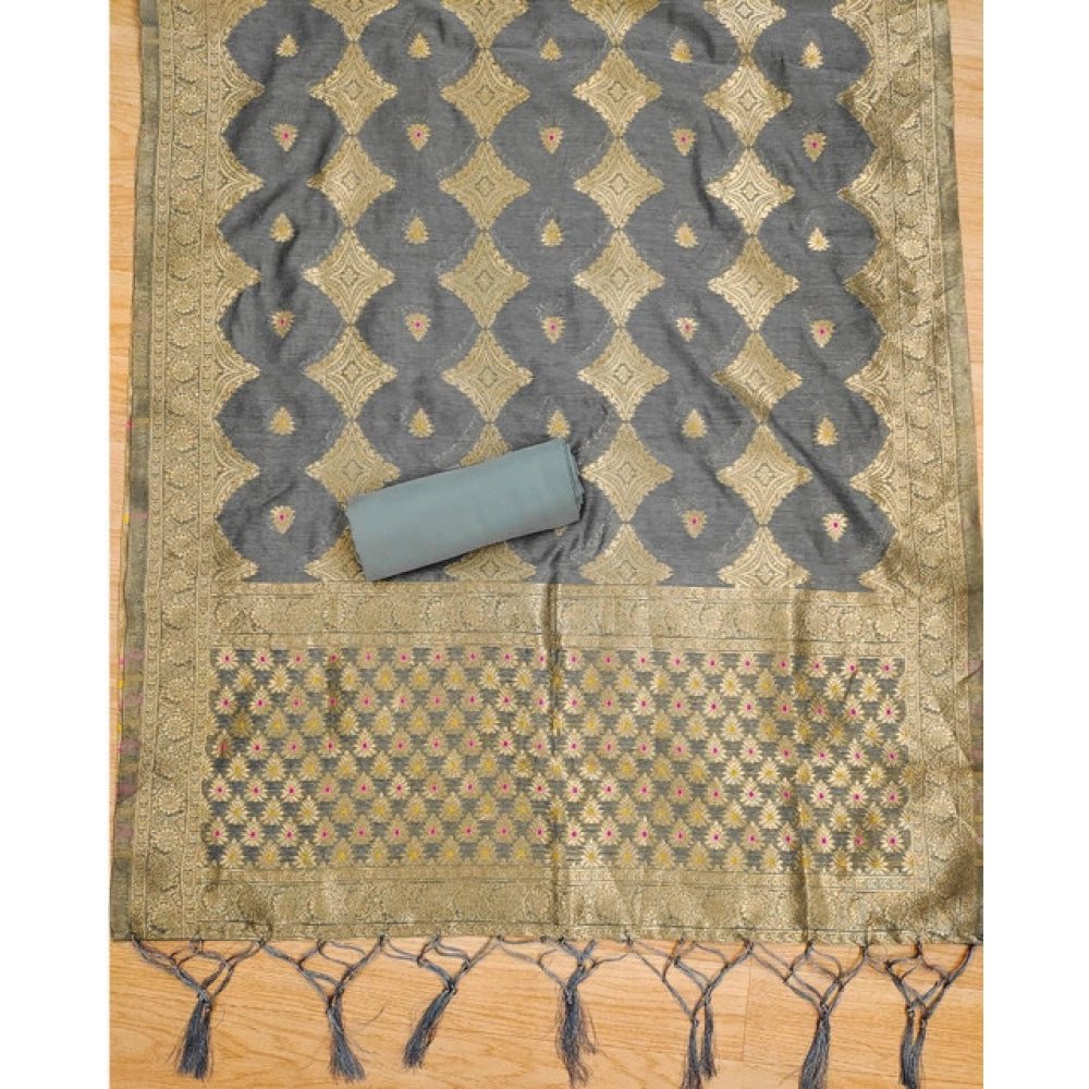 Banarasi Silk Printed Unstitched Salwar Suit Material With Dupatta (Grey, 3Mtrs)