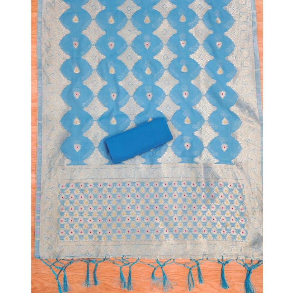 Banarasi Silk Printed Unstitched Salwar Suit Material With Dupatta (Sky Blue, 3Mtrs)