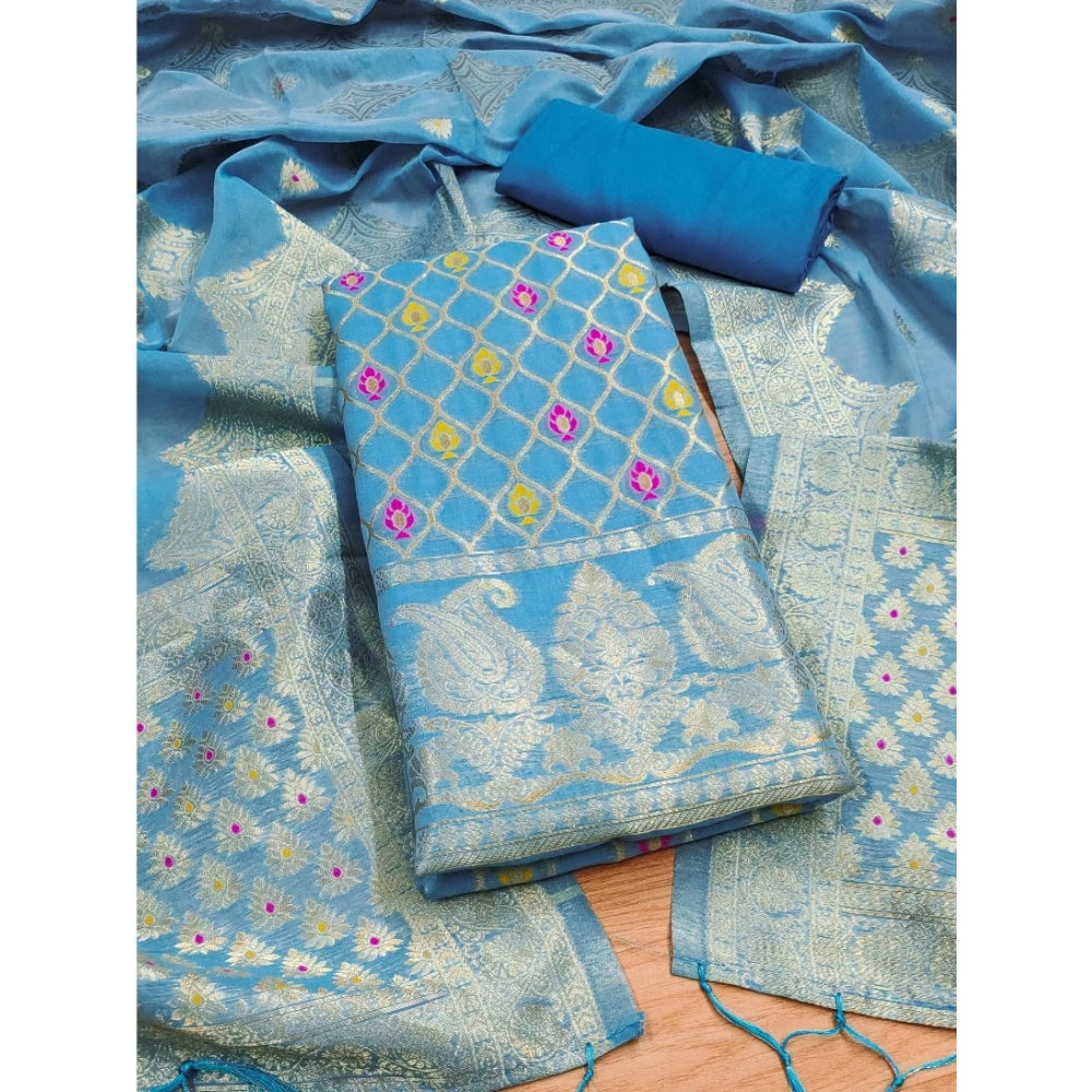 Banarasi Silk Printed Unstitched Salwar Suit Material With Dupatta (Sky Blue, 3Mtrs)