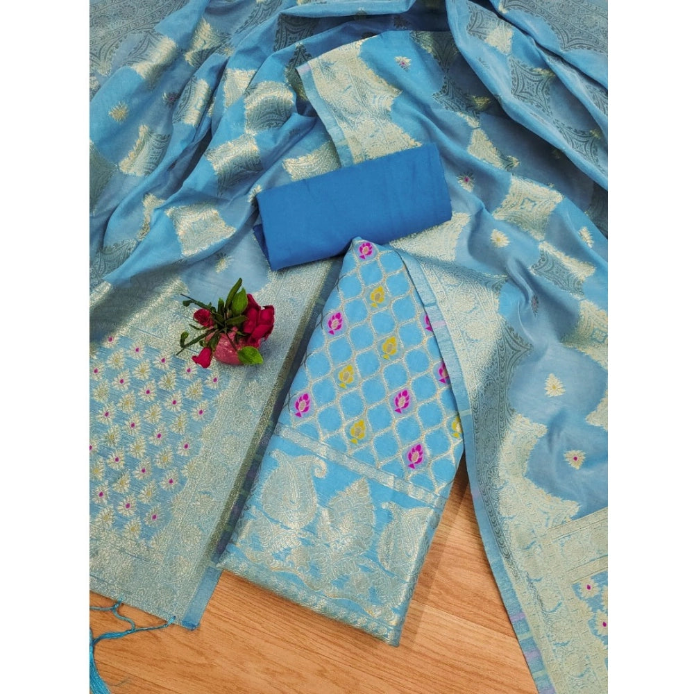 Banarasi Silk Printed Unstitched Salwar Suit Material With Dupatta (Sky Blue, 3Mtrs)