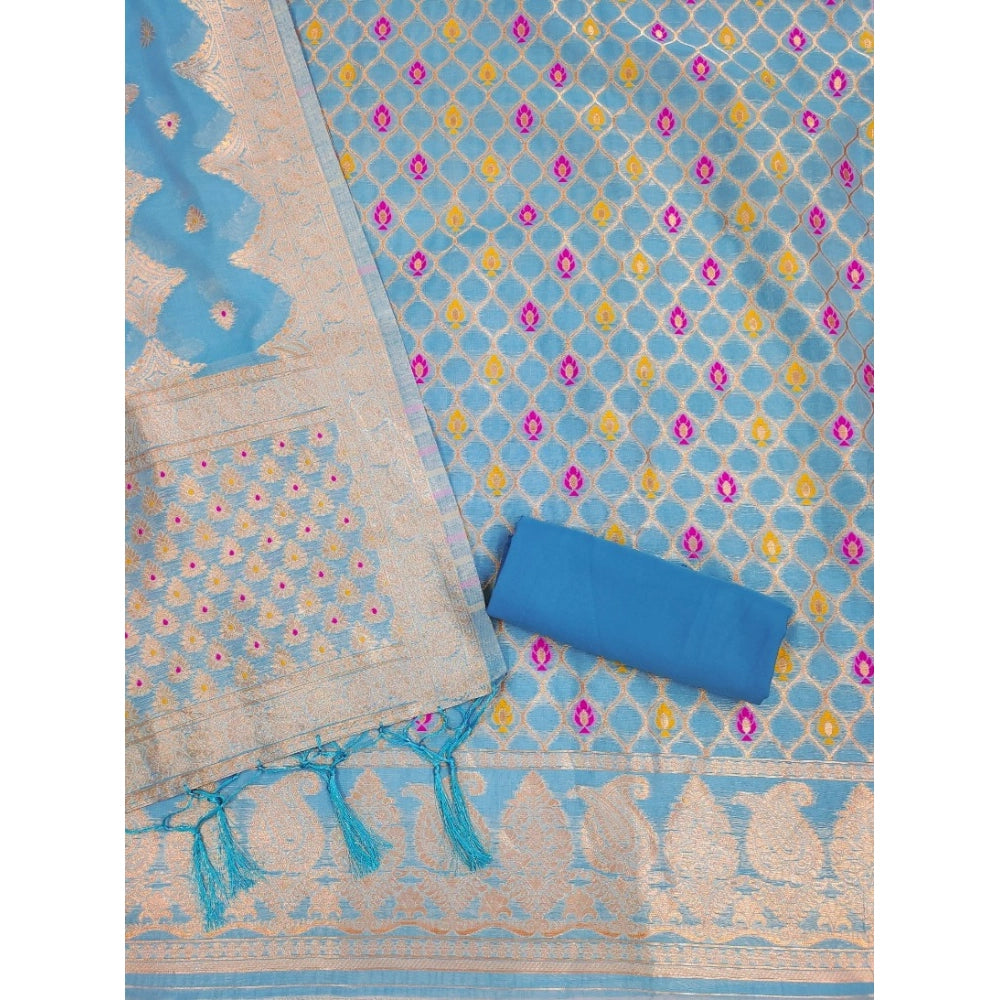 Banarasi Silk Printed Unstitched Salwar Suit Material With Dupatta (Sky Blue, 3Mtrs)