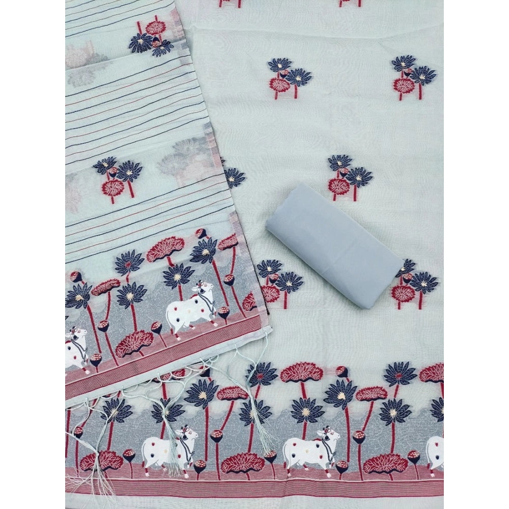 Banarasi Silk Printed Unstitched Salwar Suit Material With Dupatta (Grey, 3Mtrs)