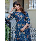 Women's Rayon Print With Embroidery Work A-Line Kurti (Navy Blue)