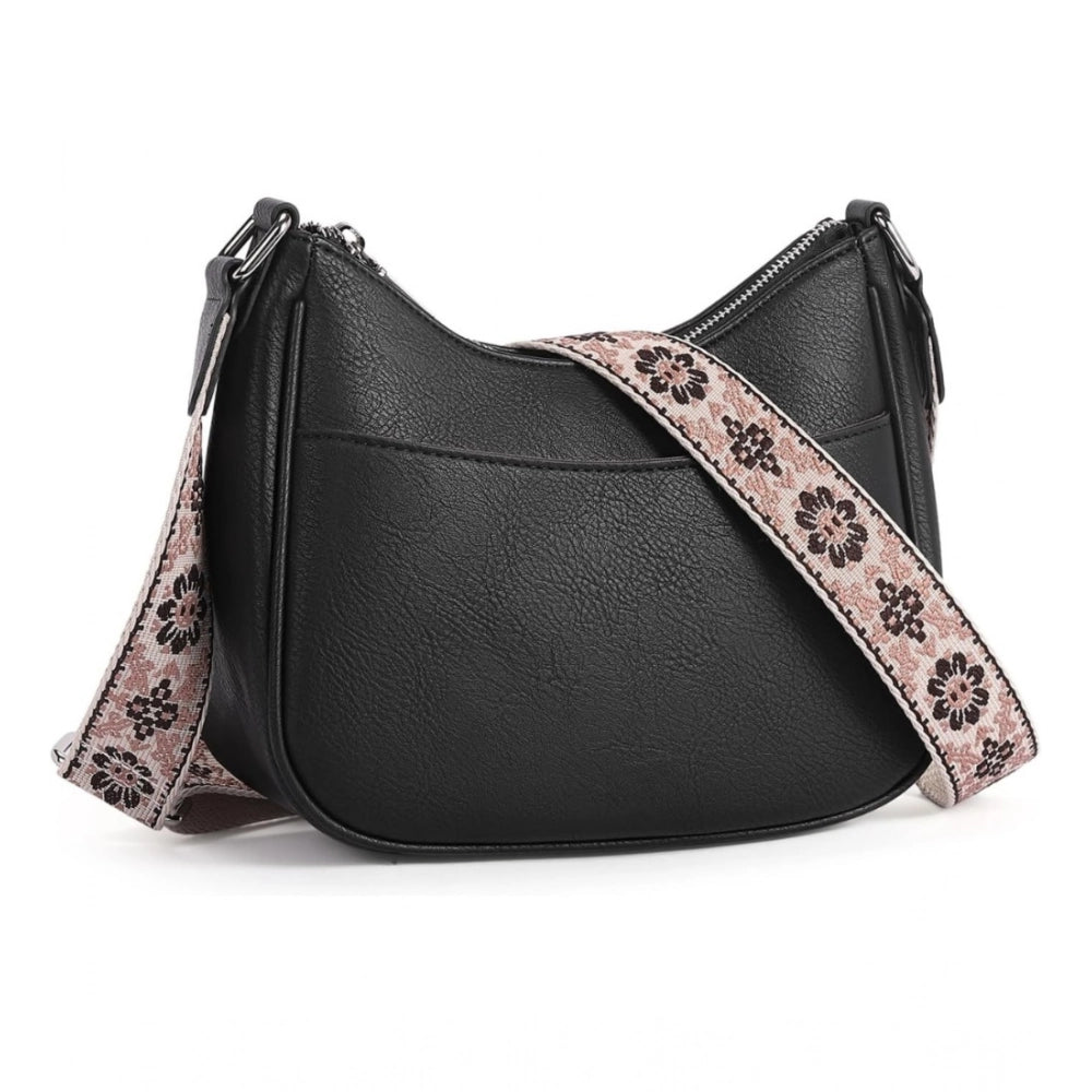 PU Leather Zipper Sling Bag (Black)