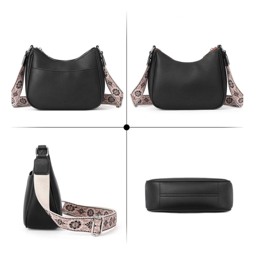 PU Leather Zipper Sling Bag (Black)