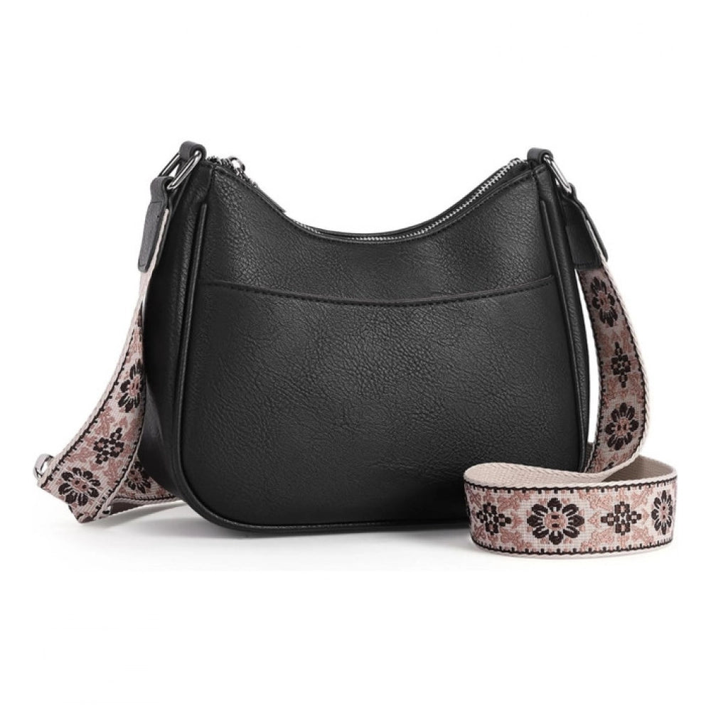 PU Leather Zipper Sling Bag (Black)