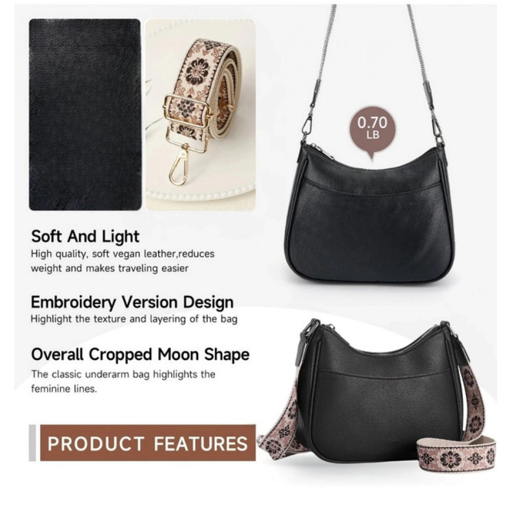 PU Leather Zipper Sling Bag (Black)