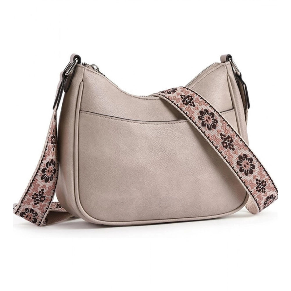 PU Leather Zipper Sling Bag (Beige)