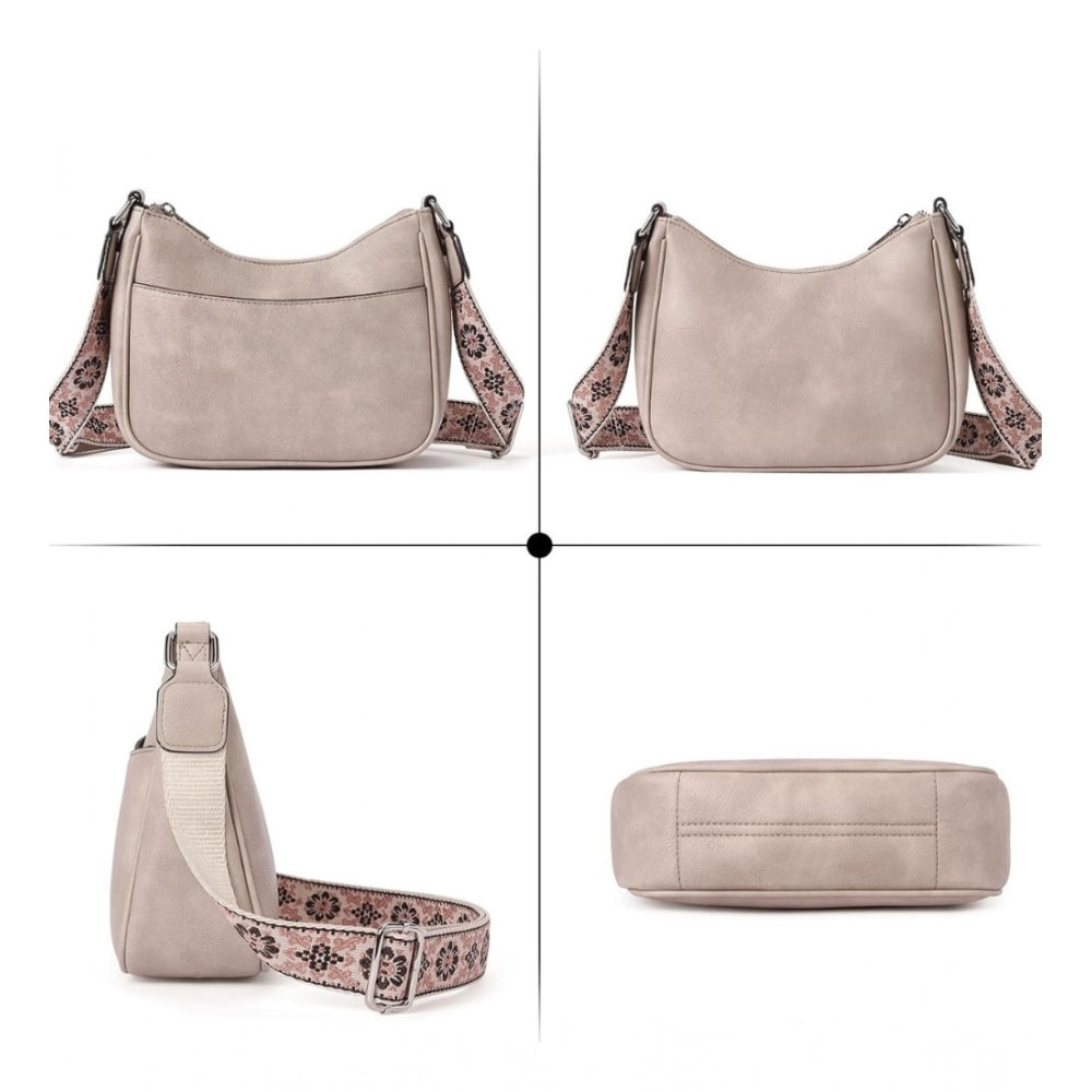PU Leather Zipper Sling Bag (Beige)
