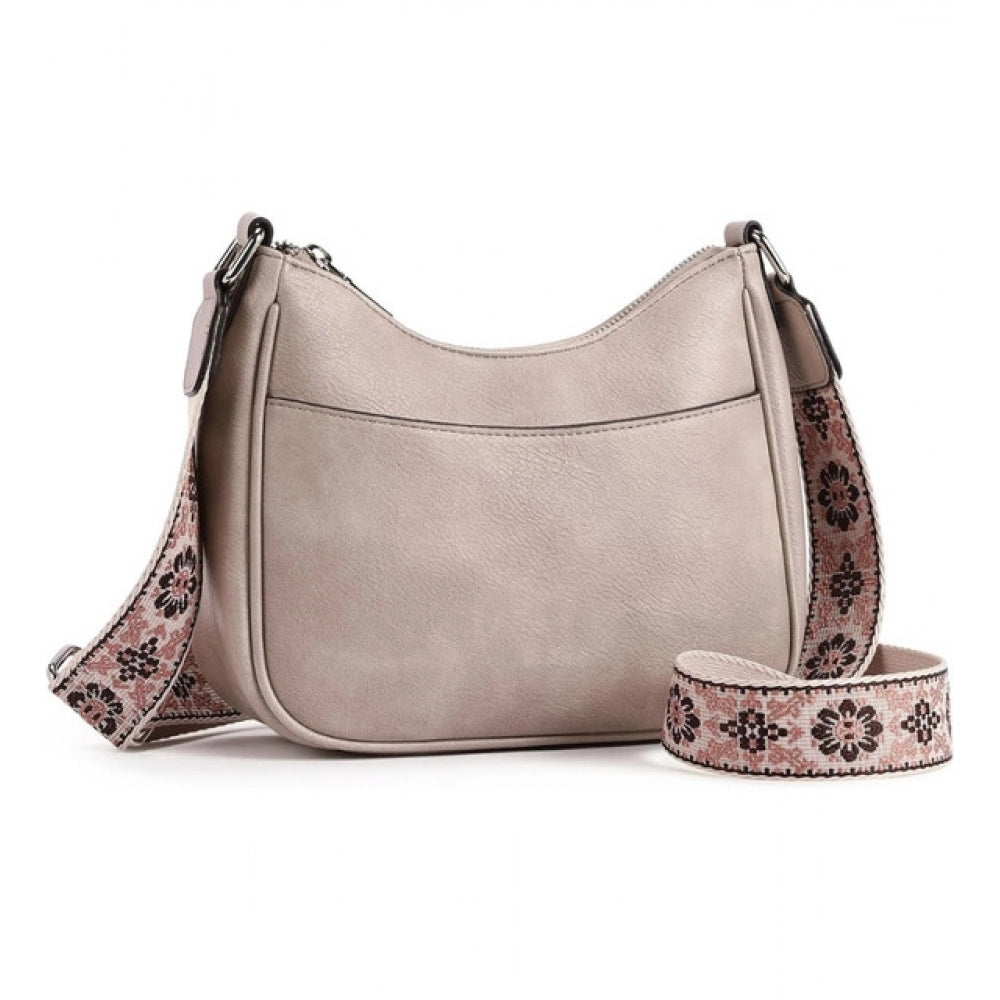 PU Leather Zipper Sling Bag (Beige)