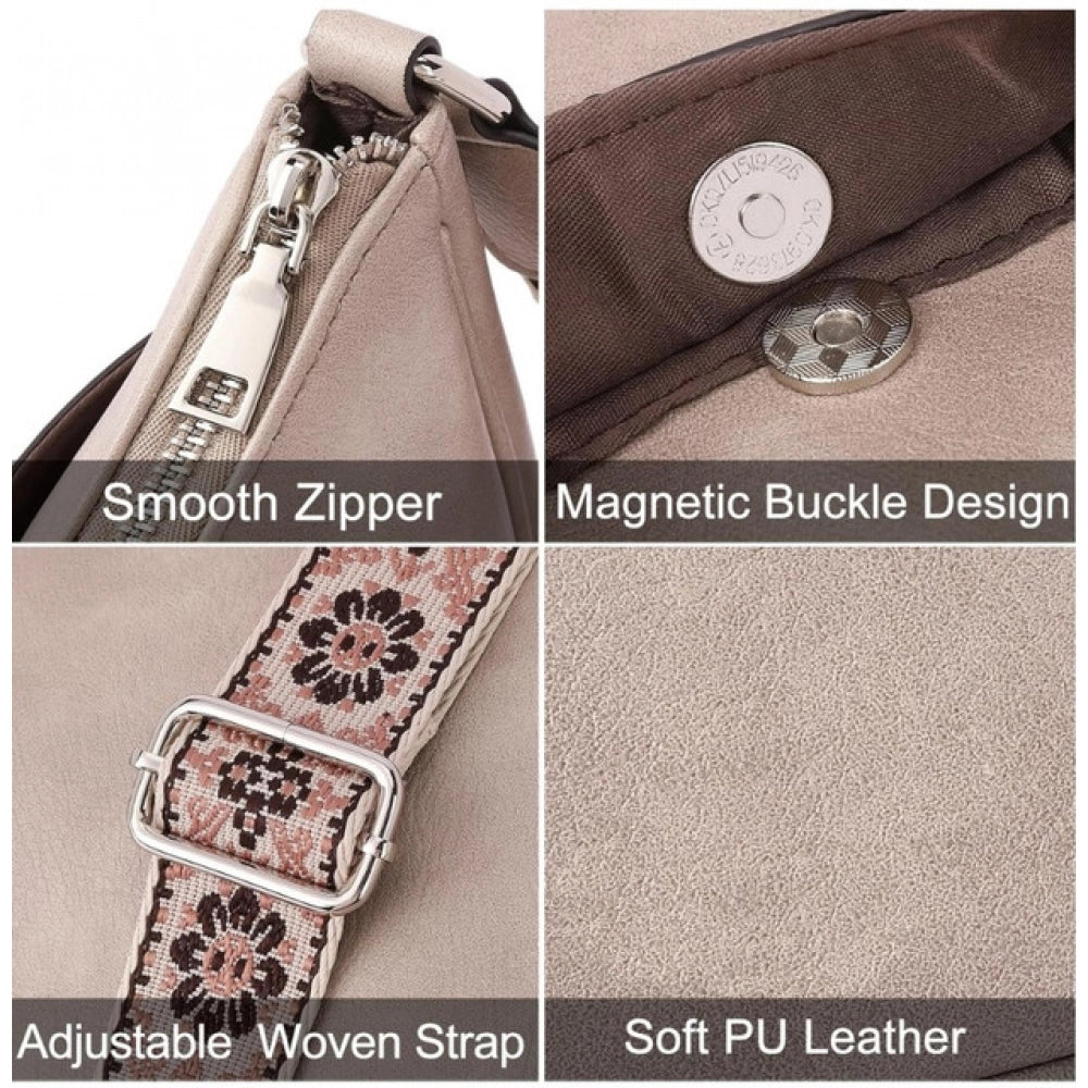 PU Leather Zipper Sling Bag (Beige)
